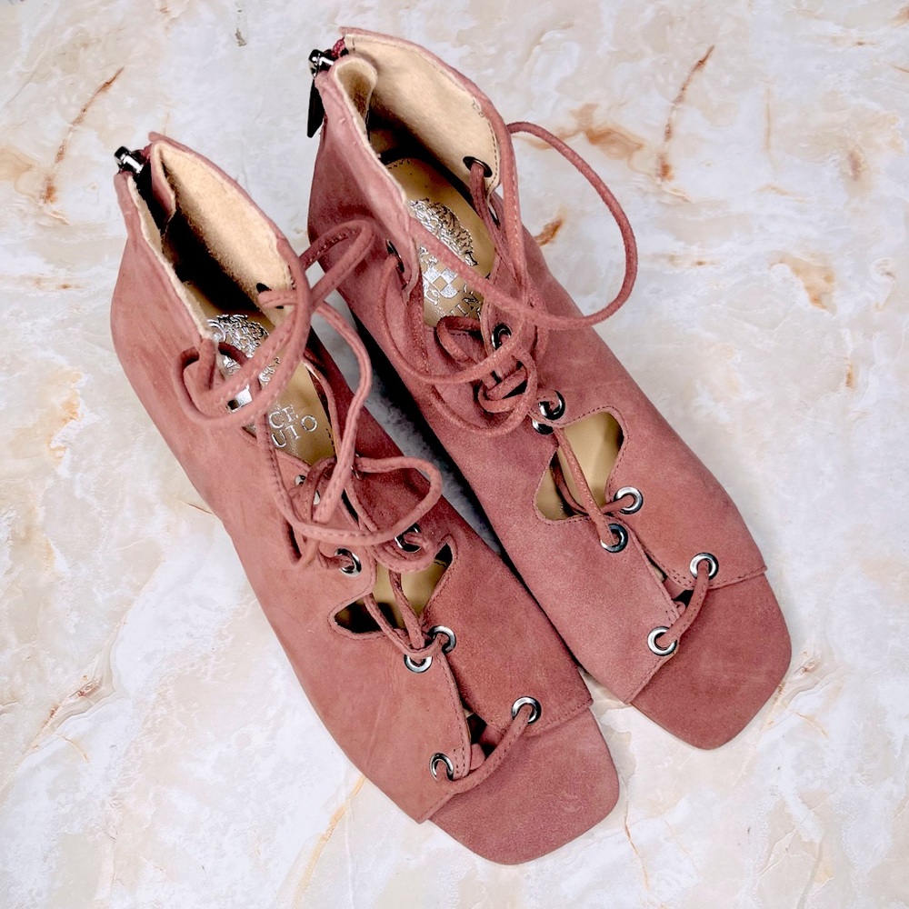 VINCE CAMUTO OPEN TOE DUSTY ROSE BOOTIE CRISS CROSS LACING CLOSURE 6.5 New